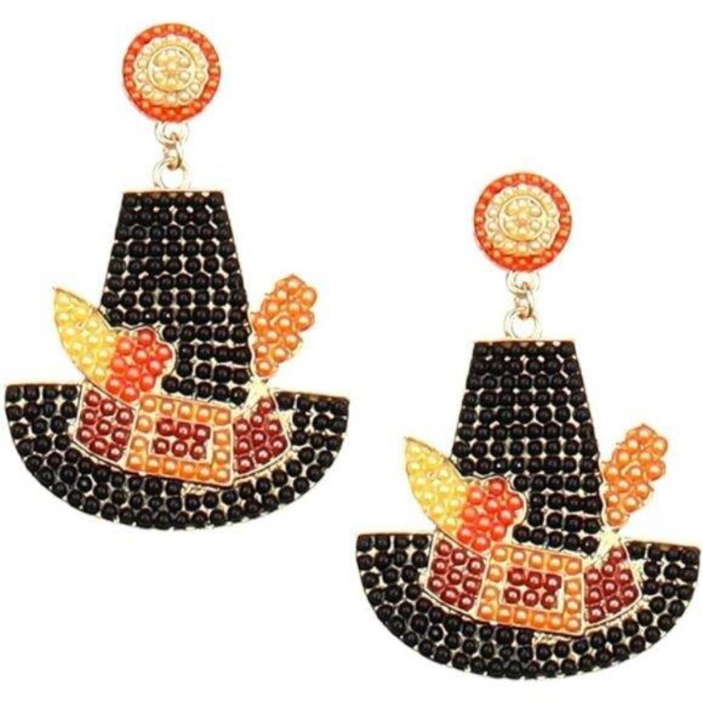 Thanksgiving Earrings for Women, Beaded Orange Black Hat Drop Dangling Earrings